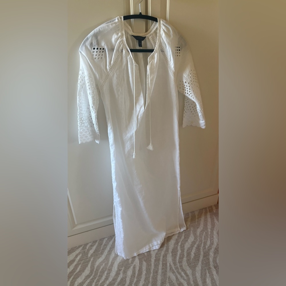 J.Crew White Midi Dress/coverup with Eyelet Trim and Tassel Tie